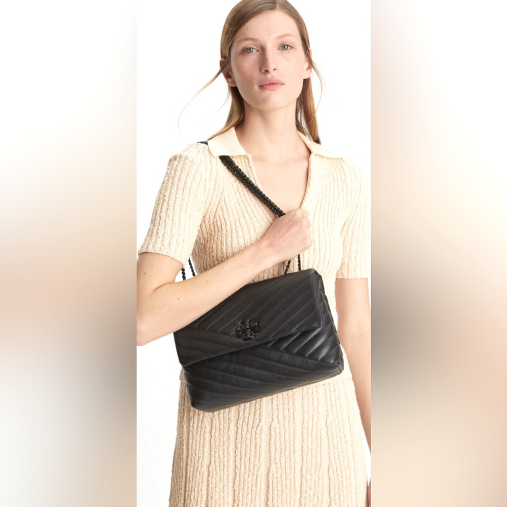 Tory Burch Kira Chevron Quilted Leather Convertible Shoulder Flap black on black